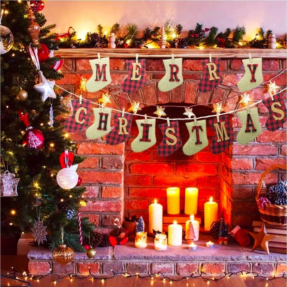 Merry Christmas Burlap Banner Red Buffalo Plaid Stocking Garland Rustic Decor